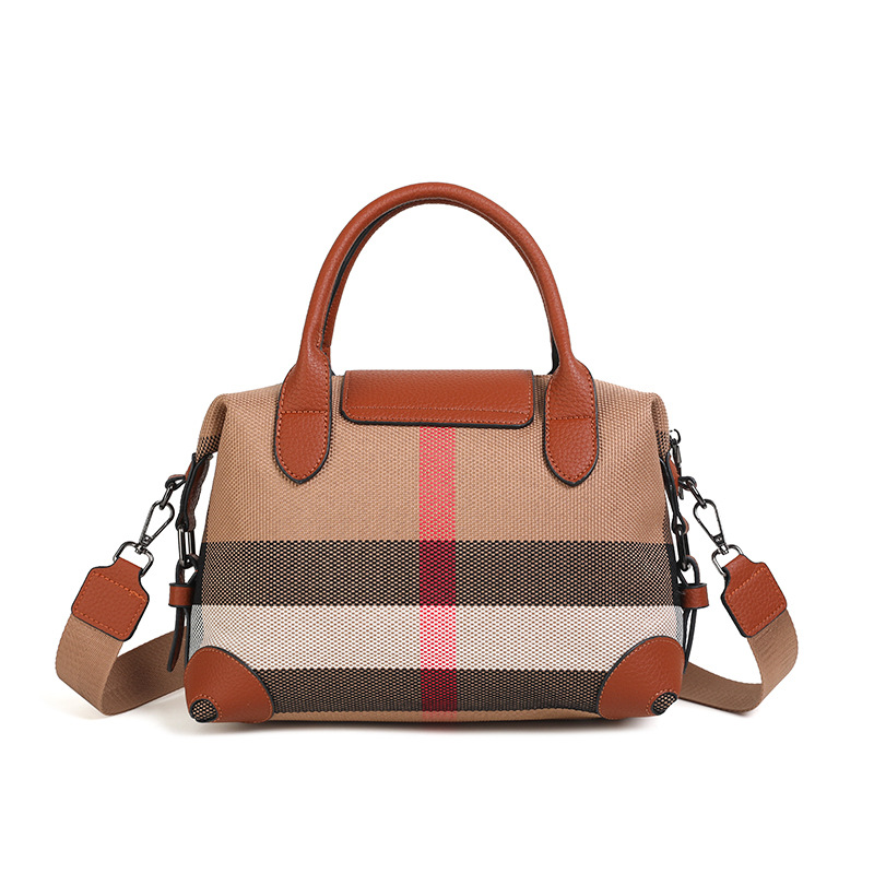 hot tote bag 2025 new Checked canvas with genuine leather versatile women's bag, handbag shoulder bag crossbody bag stylish flip - top splicing