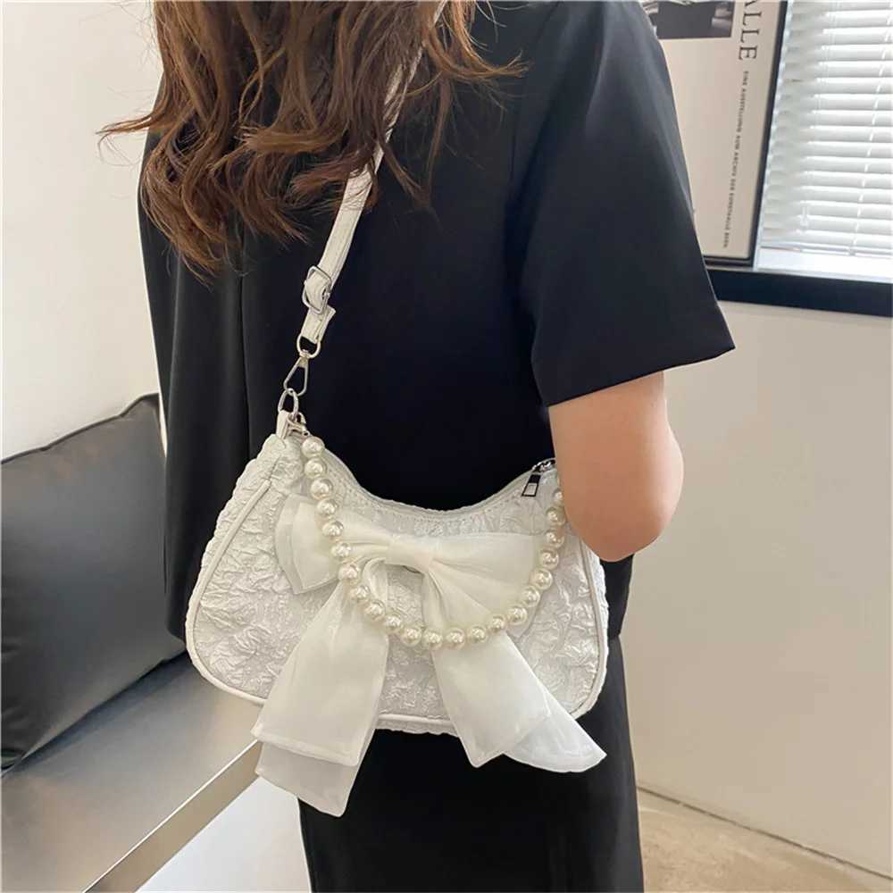 Pearl Bow Handbag Fashion Canvas Crossbody Bags For Women 2024 Trend Shoulder Bag Phone Key Coin Storage Purses Z250512