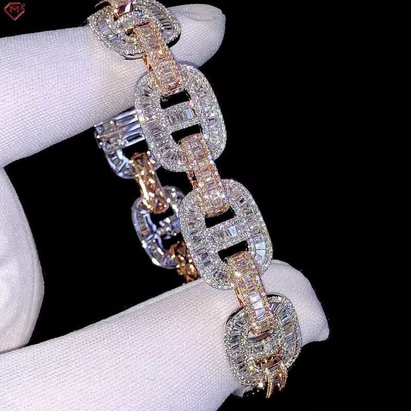 Fine Jewelry Men Moissanite Bracelet Hip Hop 925 Silver VVS Iced Out 2 Tone GRA Moissanite Cuban Link Chain