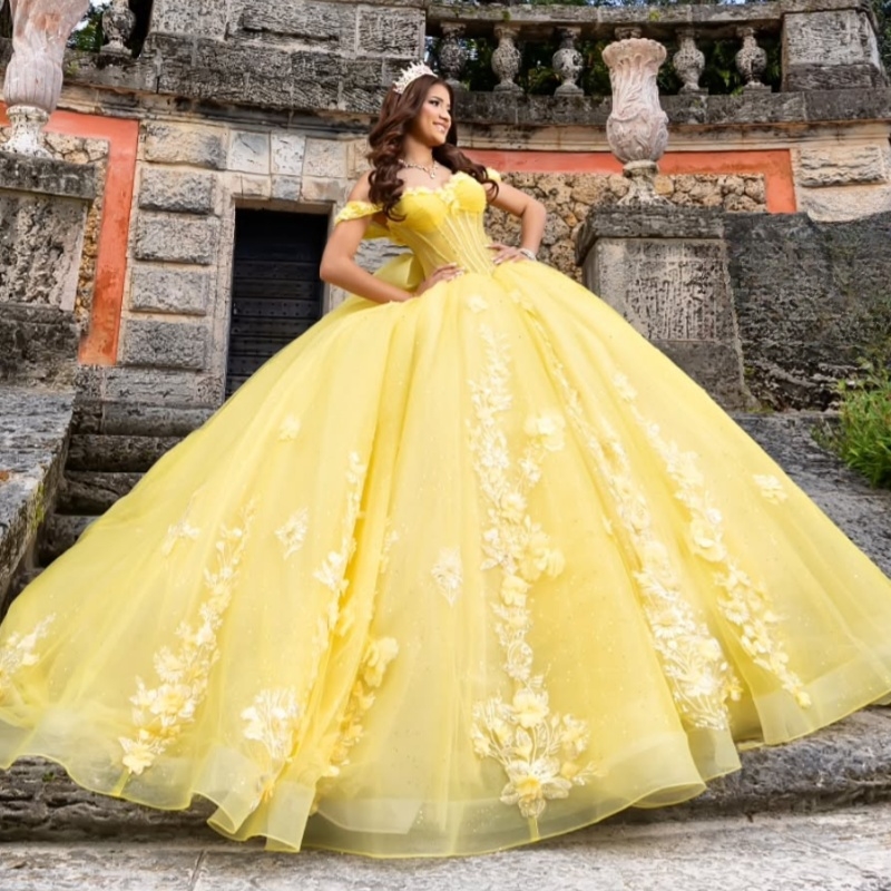 Yellow Quinceanera Dresses Off Shoulder Ball Gown Sweet 16 Dress Applique Flower Beads Bow Tull Birthday Party Vestidos 15 Anos