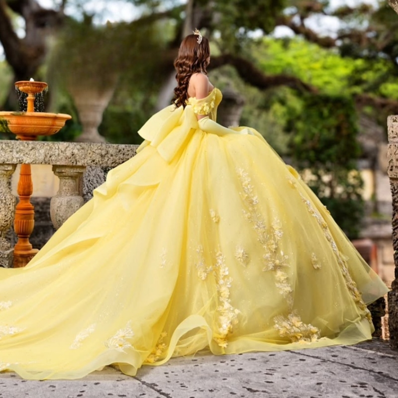 Yellow Quinceanera Dresses Off Shoulder Ball Gown Sweet 16 Dress Applique Flower Beads Bow Tull Birthday Party Vestidos 15 Anos