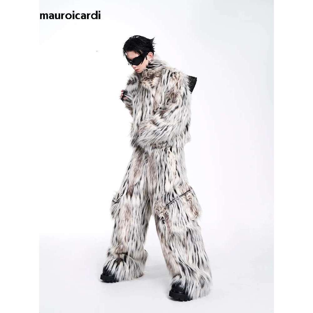 Mauroicardi Autumn Winter Cool Short Colorful Multicolored Thick Warm Hairy Faux Fur Coat Men Fluffy Jacket 2024 Y2k Streetwear