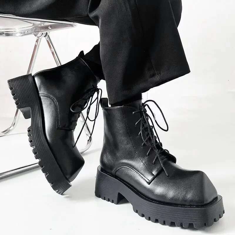 Square Toe Black Rhino Horn Mid-Calf Motorcycle 2025 New Women/Men Platform Lace Up Leather Autumn Winter Boots