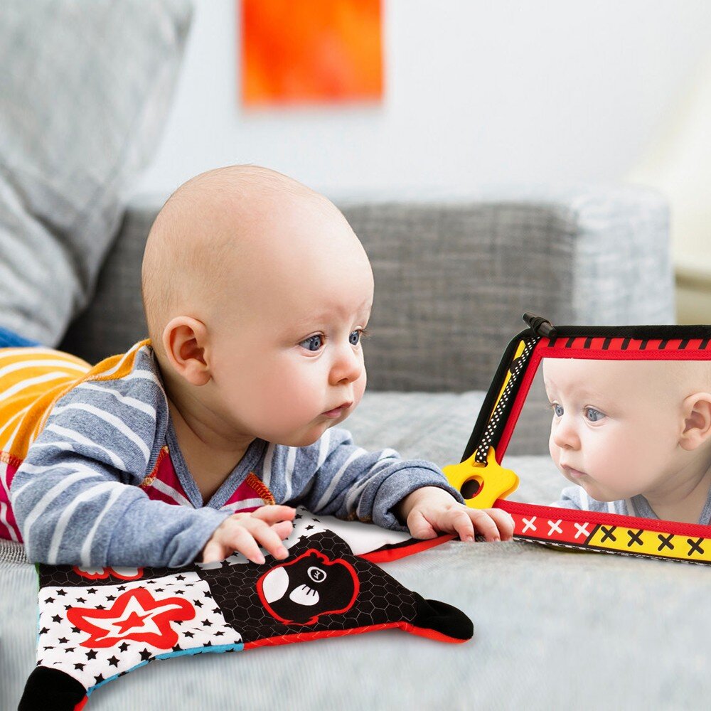 Tummy Time Baby Mirror Toys with Black and White Pattern, High Contrast Activity Play Crinkle Toys Baby Mirror for Newborn 0 3 6 Months
