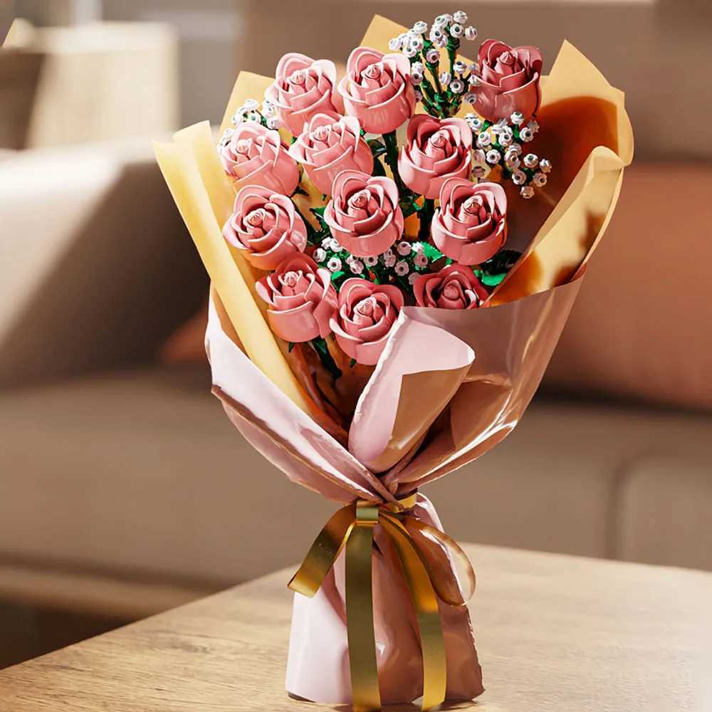 968PCS Pink Roses Romantic Rose Flower Bouquet Building Blocks Creative Plant Decoration Assemble Bricks Toys Gifts Girls Lady X250509