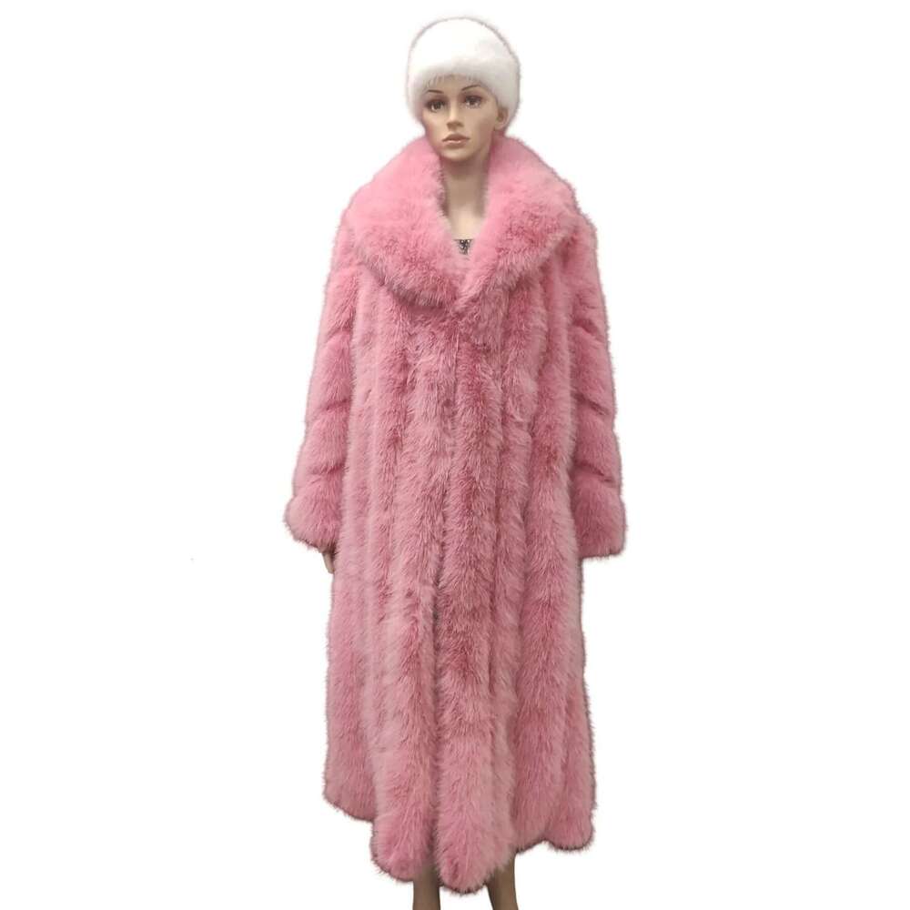 New Winter Fashion Girls Pink Long Lapel Women's Thick Thermal Fluffy Faux Fox Fur Coat