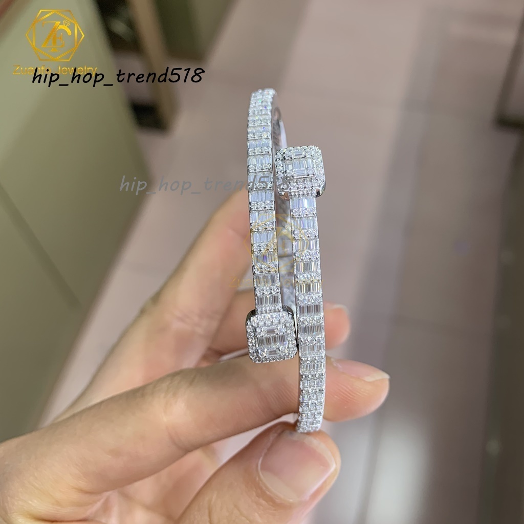 Fine Jewelry 925 Sterling Silver Iced Out VVS Baguette Moissanite Bracelet T Square Diamond Cuban Link Bangles for Women Men