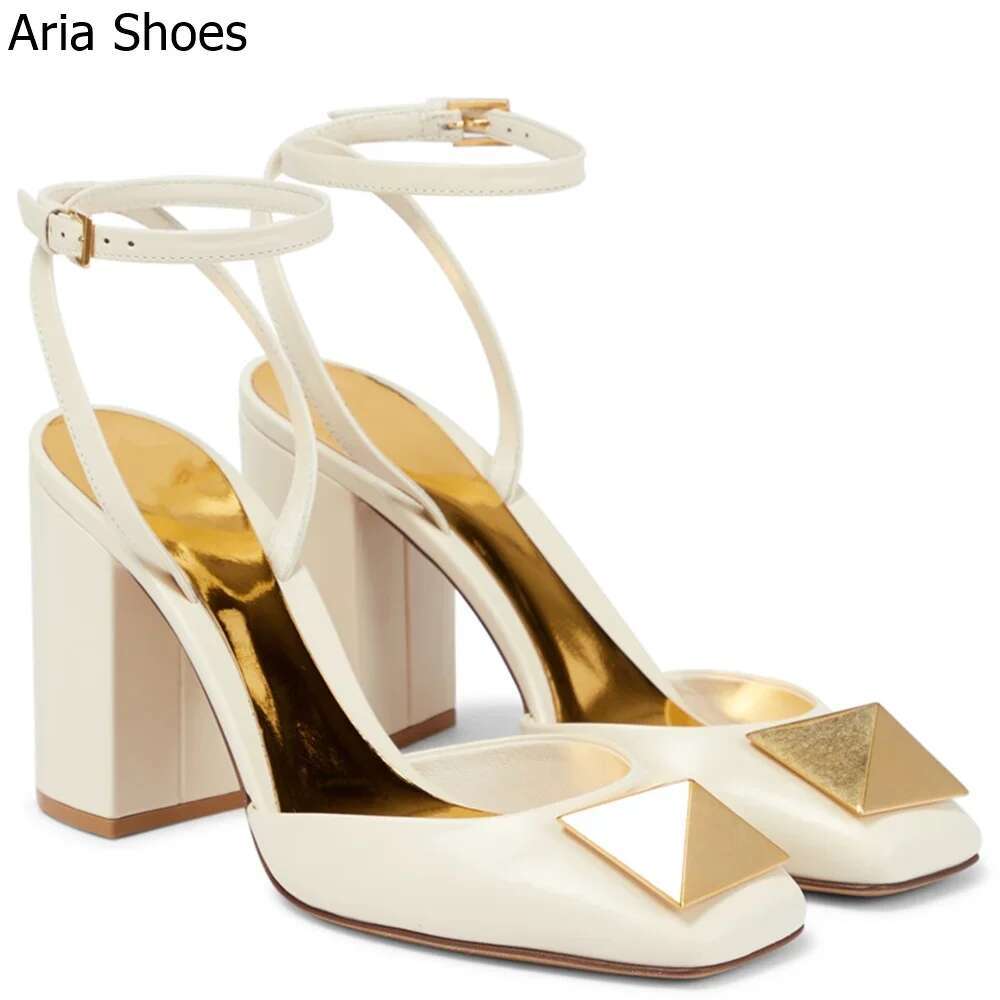 Rivet Square Toe Chunky Heel SandalsShallow Ankle Buckle Strap Pink/white 8cm Sandals Women 2025 Spring Summer New High Heels