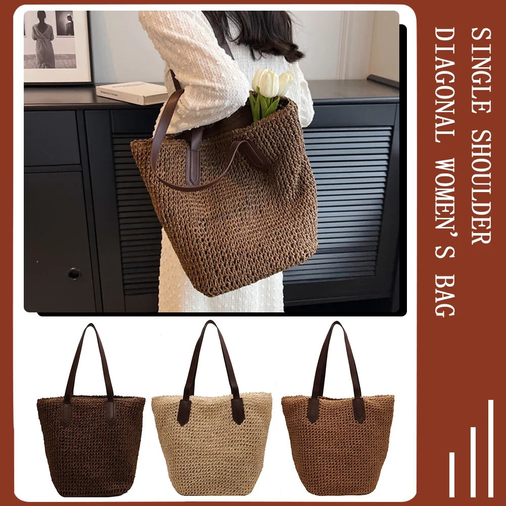 Womens shoulder bag Bohemian grass bottom summer beach womens armrest large casual knitted shopping 250428
