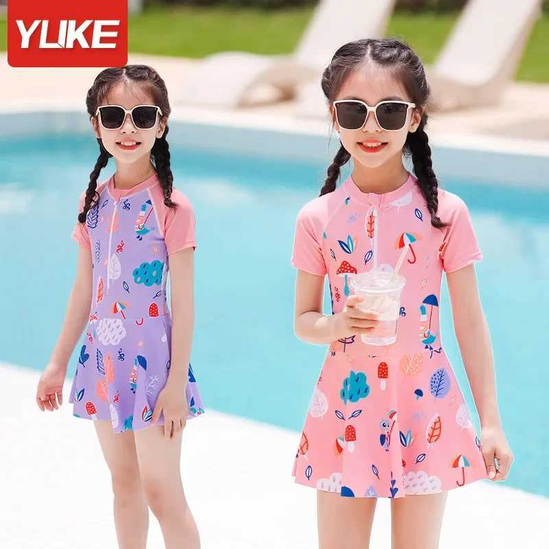 YUKE Retro One Piece Swimsuit Girls Front Zipper Print Swimwear For Kids Baby Princess Skirt Children Swimming Bathing Suit W250510
