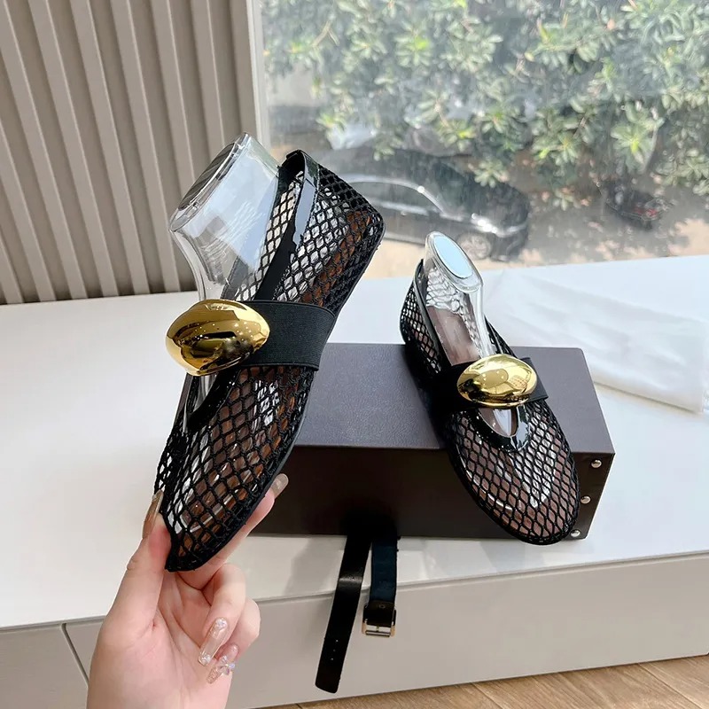 top quality Round-toe mesh Ballet flats Mary Jane shoes with strap Flat loafers Dress shoes slip on Real leather Luxury designer shoe holida