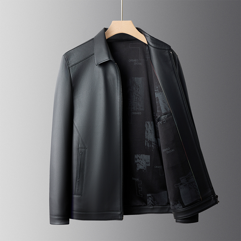 Waterproof Mens Business Leather Jacket - Fold Over Collar & Easy-Clean Fabric