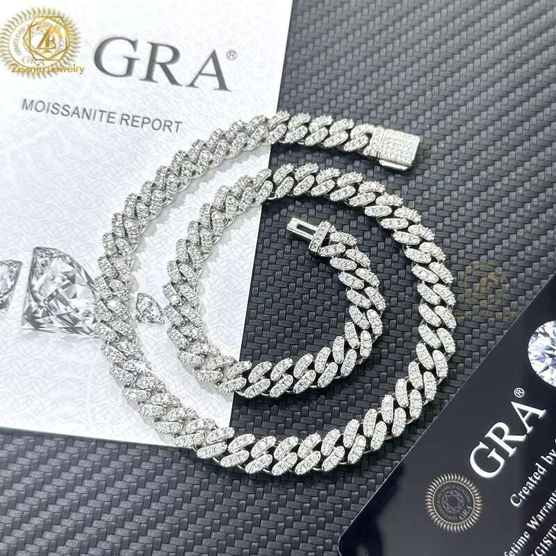Real Solid 925 Silver Diamond Cuban Link Chain 6mm 8mm 1Row Iced Out Hiphop Miami Moissanite Cuban Necklace for Men Women