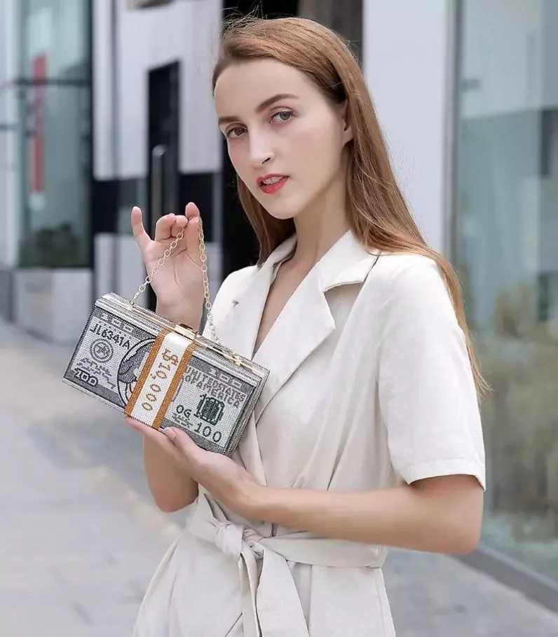 Money Clutch Rhinestone Purse 10000 Dollars Stack Cash Evening Handbags Shoulder Wedding Dinner Bag 2024 women bag wallet Z250510