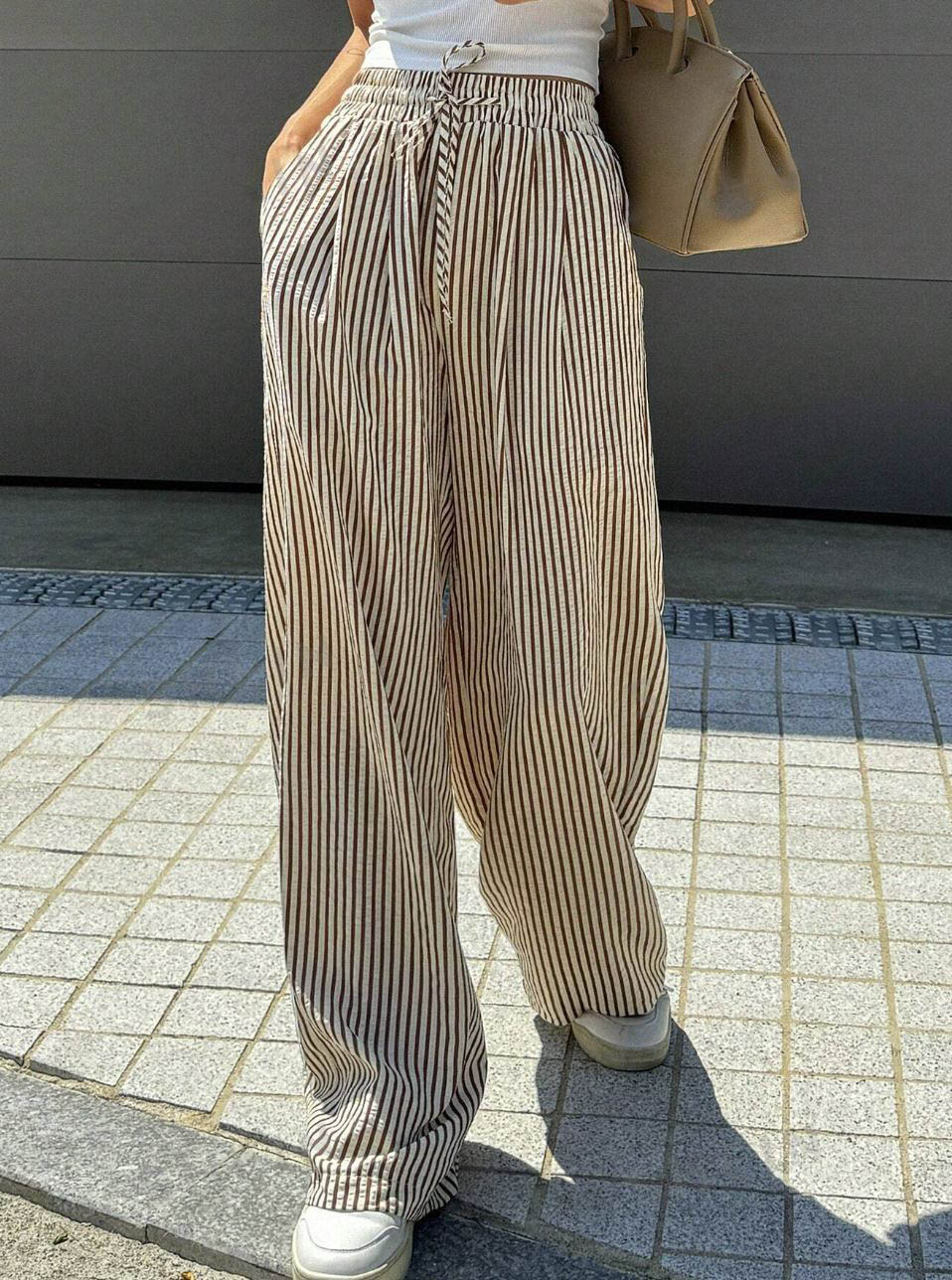 Direct sales from the source factory Women's Striped Print Drawstring Waist Wide Leg Pants, Casual Pocket Trousers for Daily Wear, Ladies Bottoms