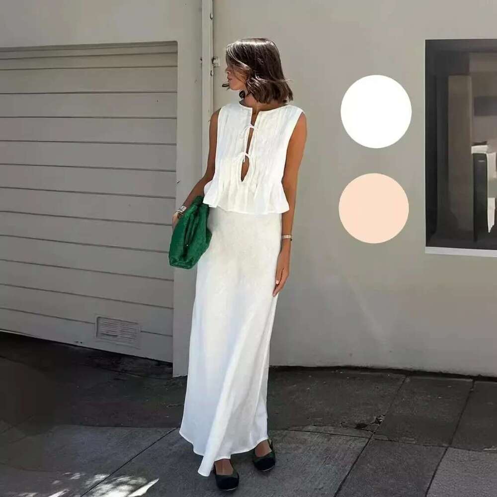2025 Summer Cotton Linen Women Long Dress Suit White Sleeveless Top Elegant Skirt Set Female New Holiday Beach Clothes Vestidos Designer