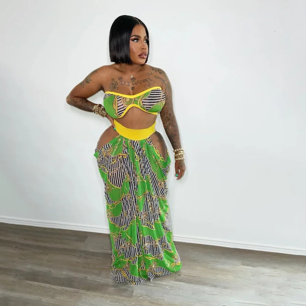 Womens 2piece fashionable and sexy sleeveless printed tube backless top tight pleated Bandeau long suit 250430Z