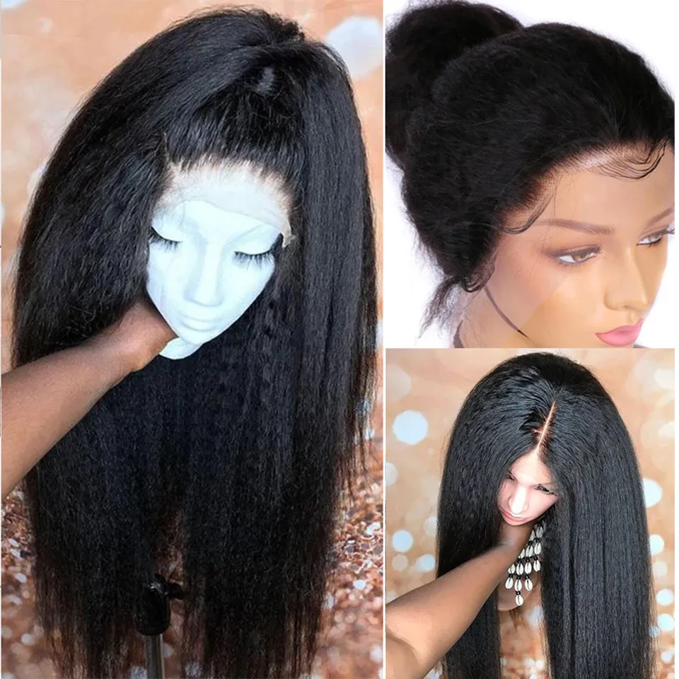 Yaki 2024 Kinky Hair Human 280% Density Straight Pre Plucked For Woman 1B Natural Black Color 13X4 HD Lace Front Wig Hairline Glueless 280%