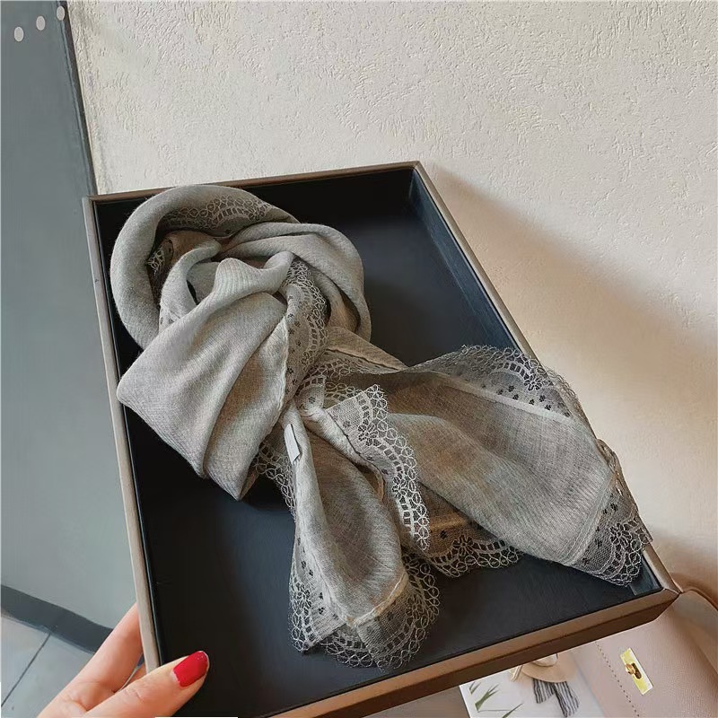 T677 French retro lace edge cotton and linen scarf female spring new style solid color narrow silk scarf summer sun protection