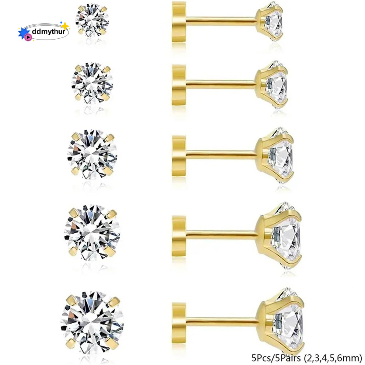 3/5/6/10pcs Hypoallergenic Stainless Steel Flat Stud Cartilage Earrings,Cubic Zerconia Daith Tragus Rook Screw Back Earings ddmythur