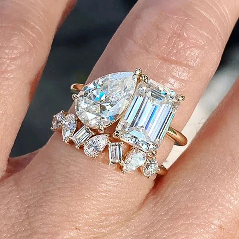 Huitan Waterdrop Rectangle Cubic Zircon Set Rings for Women Gold Color Wedding Party Accessories Fashion Female Jewelry 250519