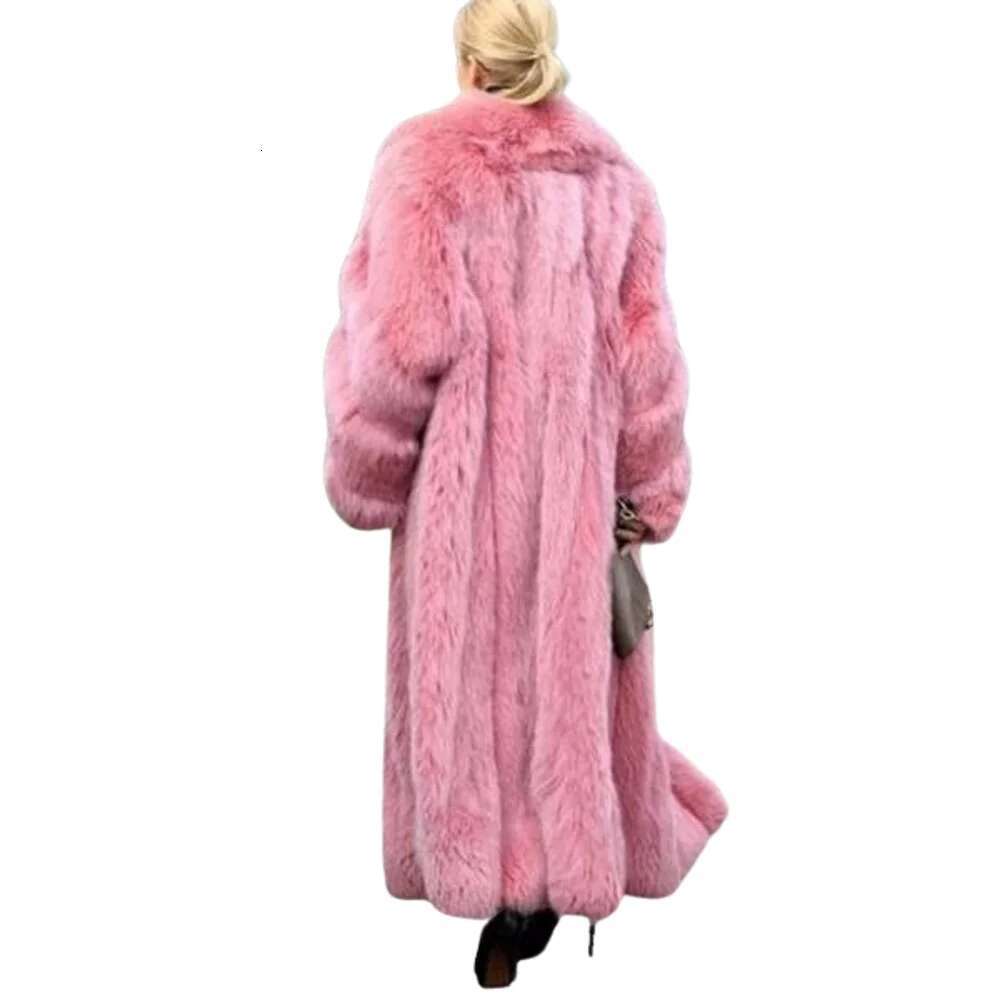 New Winter Fashion Girls Pink Long Lapel Women's Thick Thermal Fluffy Faux Fox Fur Coat