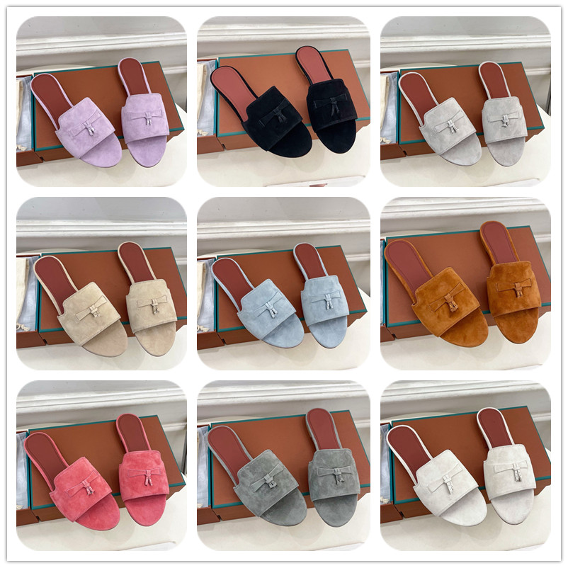 Women's suede flat slippers metal clasp mule fish mouth summer sandals solid with box