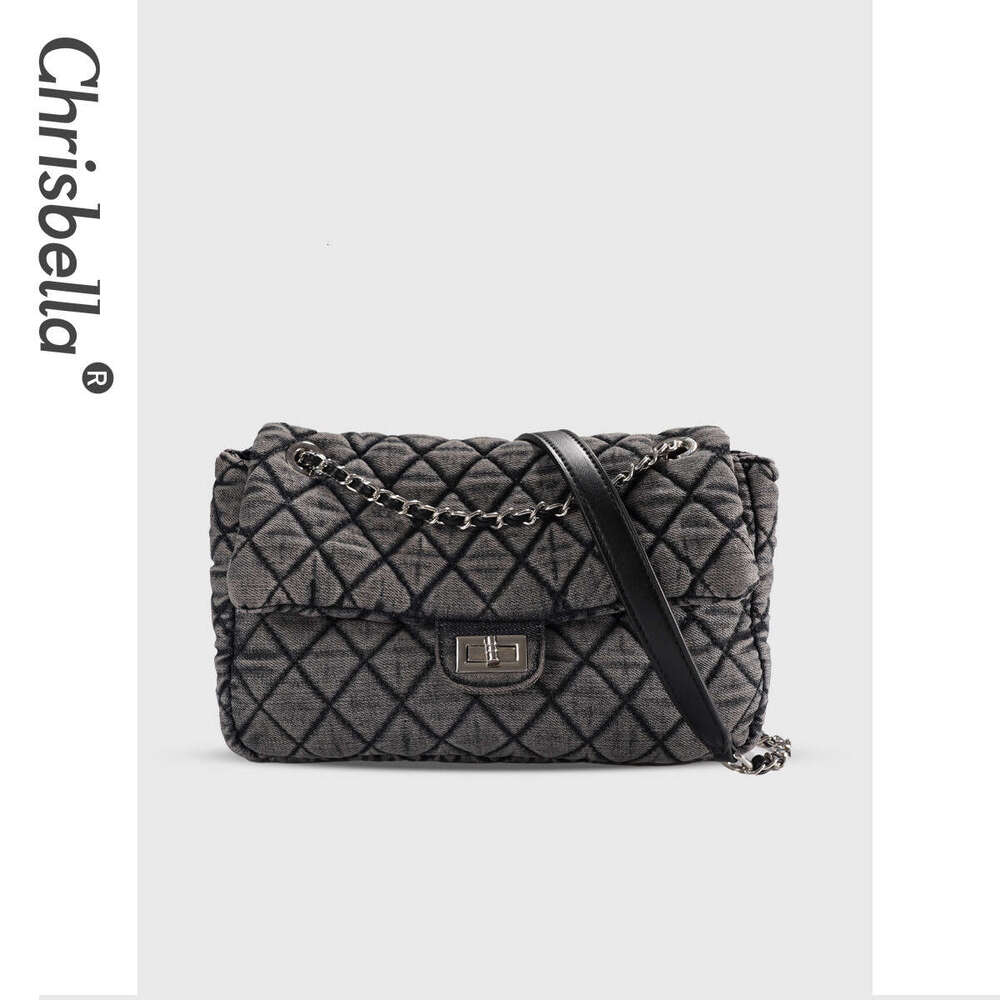 Washed Denim Crossbody Diamond Grid Chain Bag