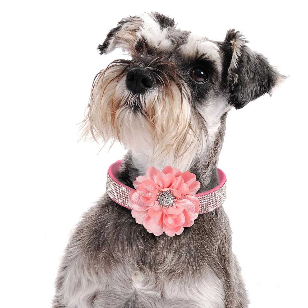 Pink Collar For Dog Bling Rhinestone Pet Collars Glitter Rhinestone Puppy Cat Necklace With Flower Fashion Crystal ChihuahuaXJ241219