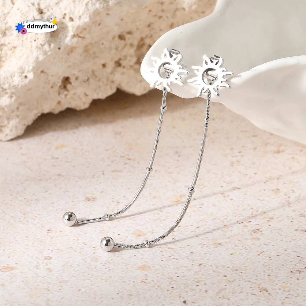 Stainless Steel Classic Sun Totem Long Snake Beads Chain Stud Earrings For Women Jewelry Fashion Popular Friend Gifts ddmythur