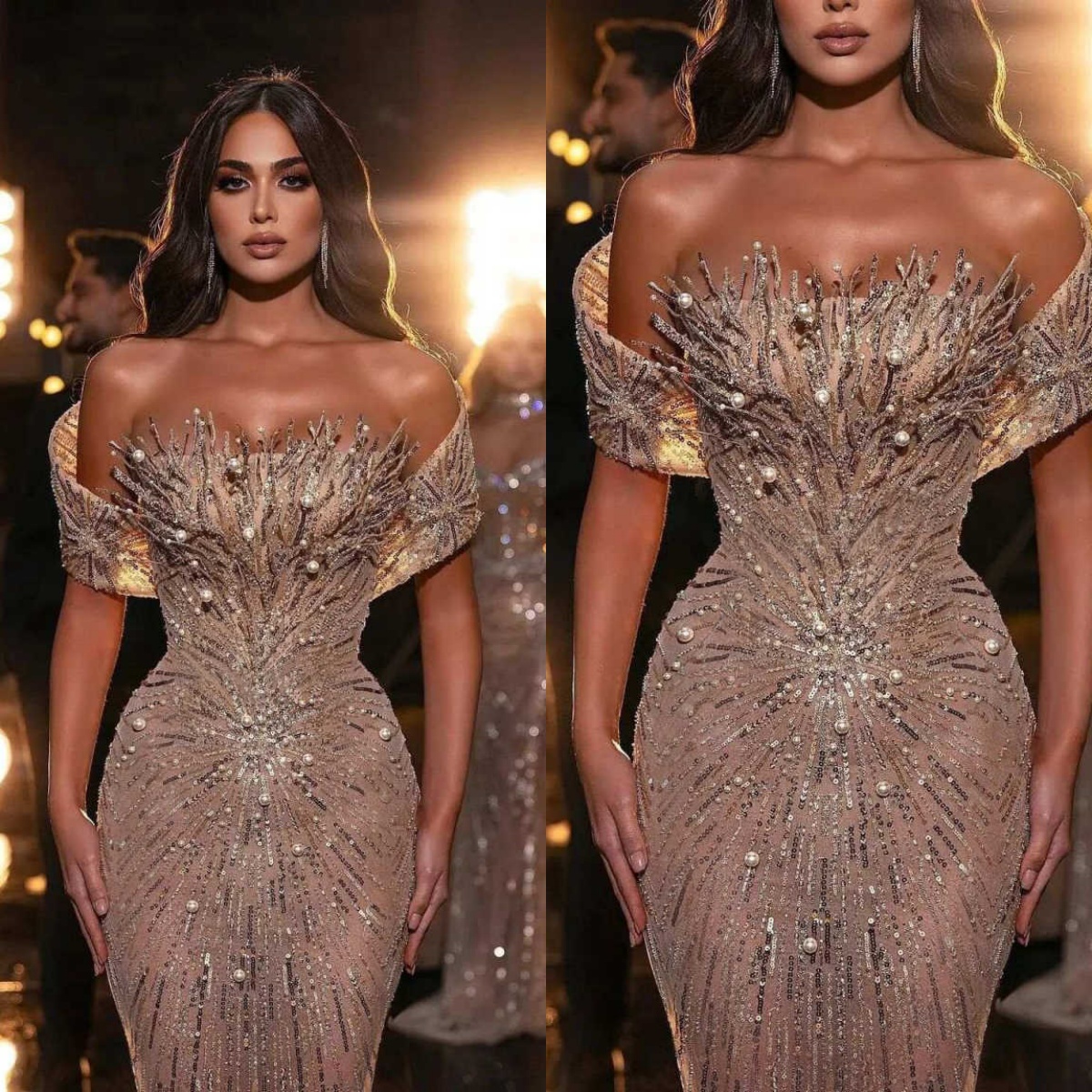 Sparkly Pearls Mermaid Evening Dress Off Shoulder Sequins Appliques Prom Gowns Sleeveless Sheath Party Dresses Customized