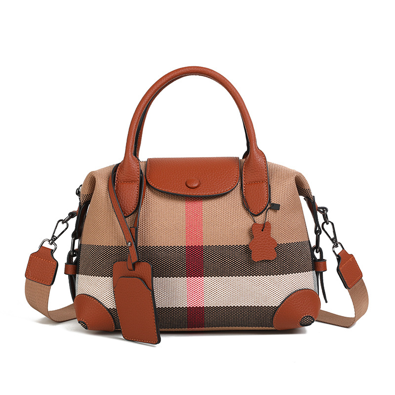 hot tote bag 2025 new Checked canvas with genuine leather versatile women's bag, handbag shoulder bag crossbody bag stylish flip - top splicing