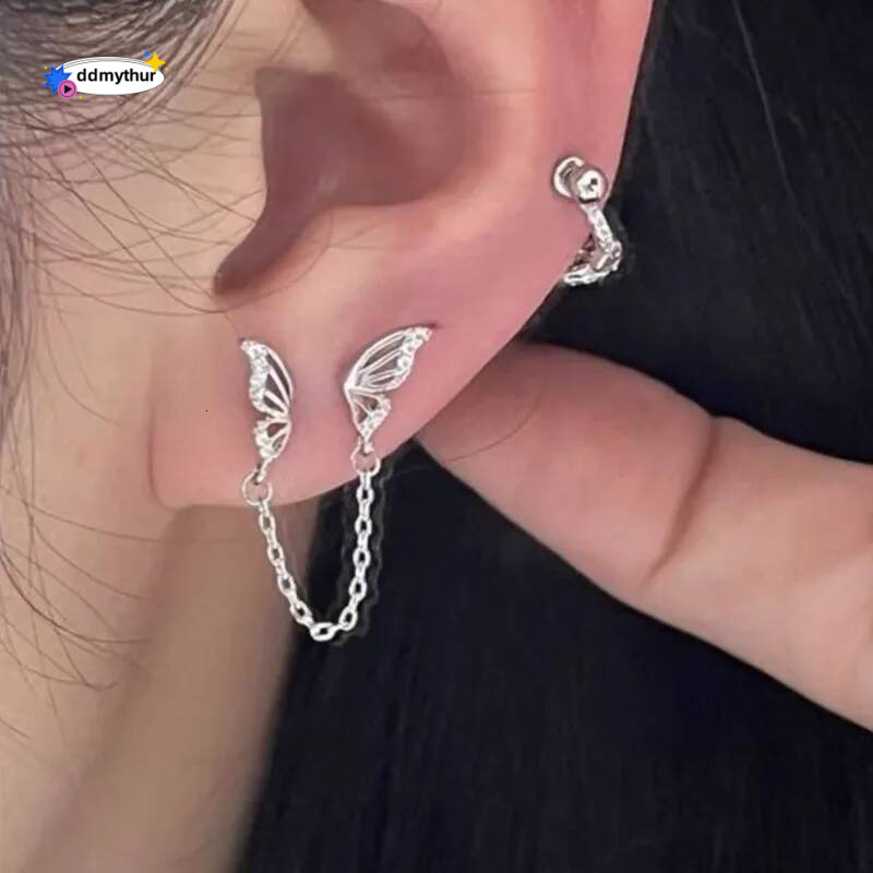 Tiny Sweet Butterfly Stud Earrings for Women Simple Korean Double Ear Hole Tassel Chain Earring Party Jewelry ddmythur