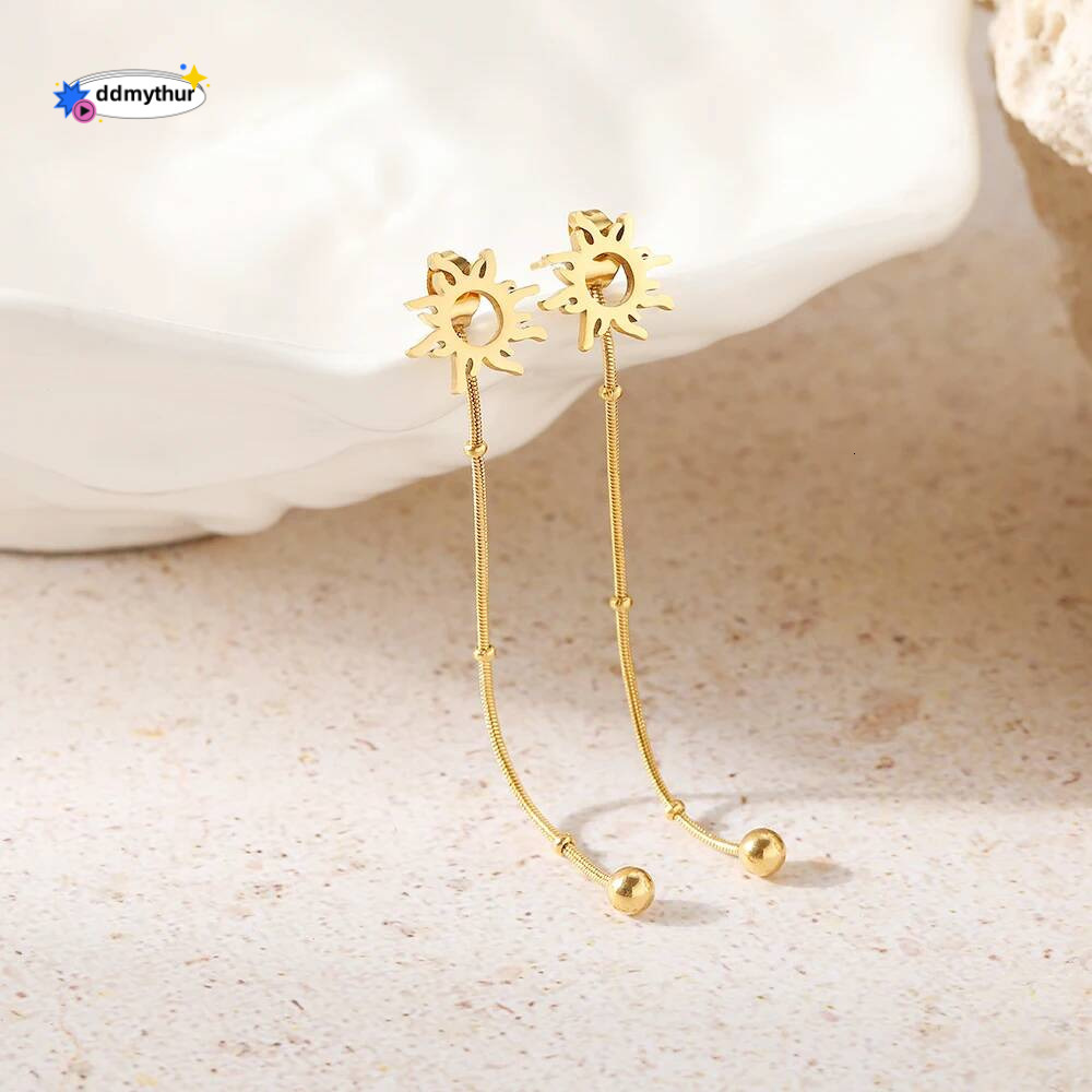 Stainless Steel Classic Sun Totem Long Snake Beads Chain Stud Earrings For Women Jewelry Fashion Popular Friend Gifts ddmythur