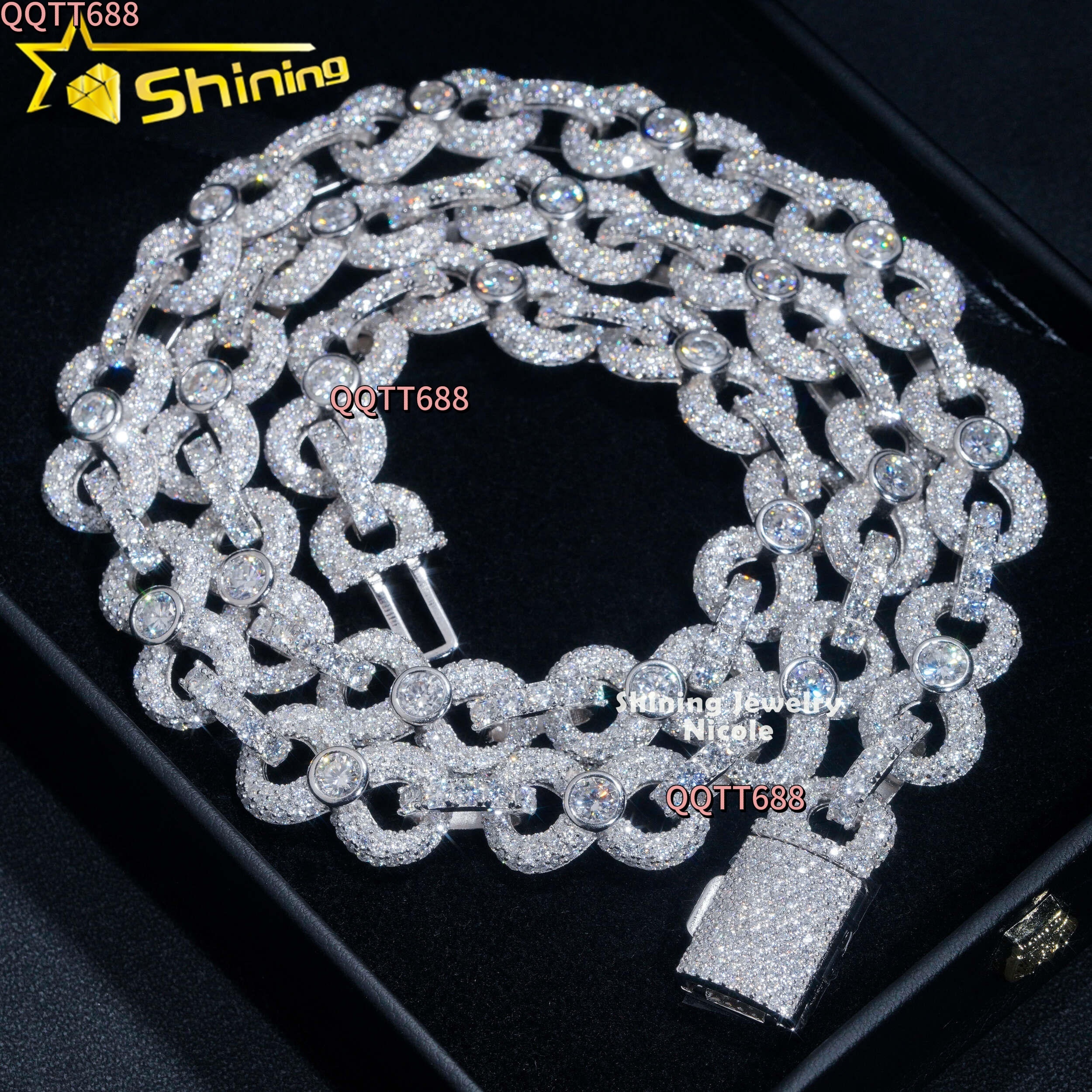 Hip Hop Jewelry Fashion Solid 925 Silver Iced 13mm Moissanite Cuban Link Chain Infinity Necklace