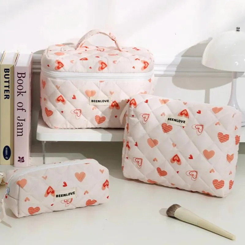 3pcs Aesthetic Makeup Bags Set - Quilted Cotton, Cherry/heart, For Skincare, Toiletry New Free Delivery Designer Bag