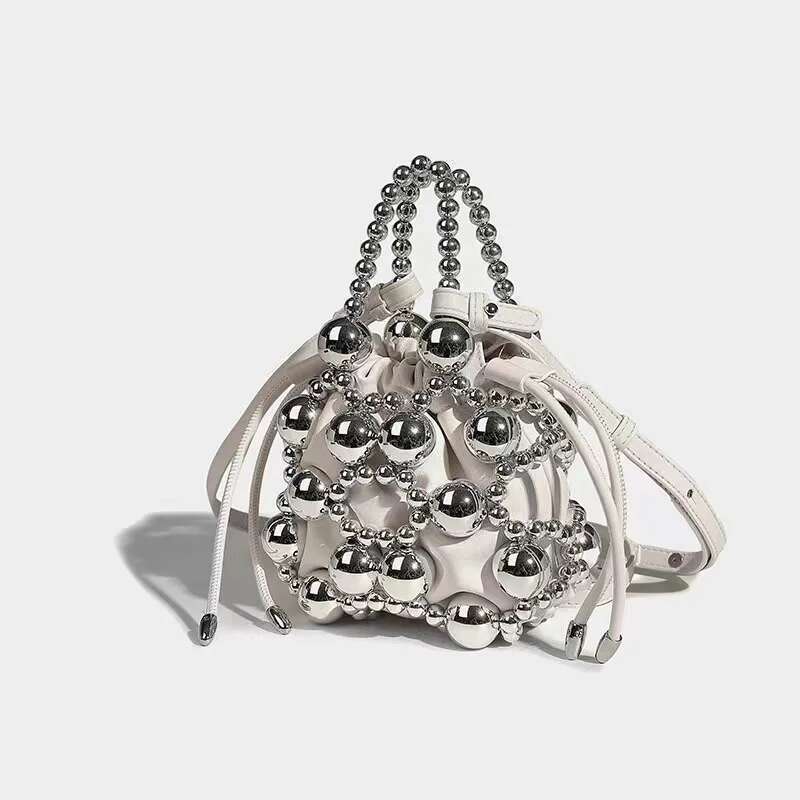 High Quality Sier Beads Beading Woven Handmade Bucket Fashion Women's Handbag Lady Purse Shoulder Messenger Casual Bag