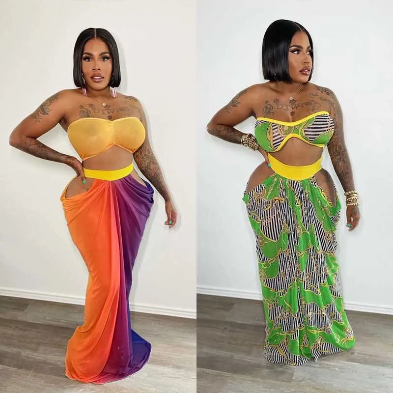 Womens 2piece fashionable and sexy sleeveless printed tube backless top tight pleated Bandeau long suit 250430Z