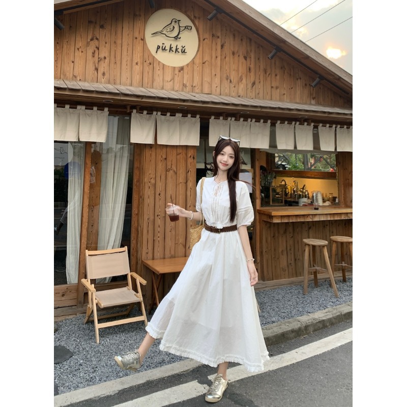 G3230 New summer holiday style lace-up hollow puff sleeve dress female summer long skirt