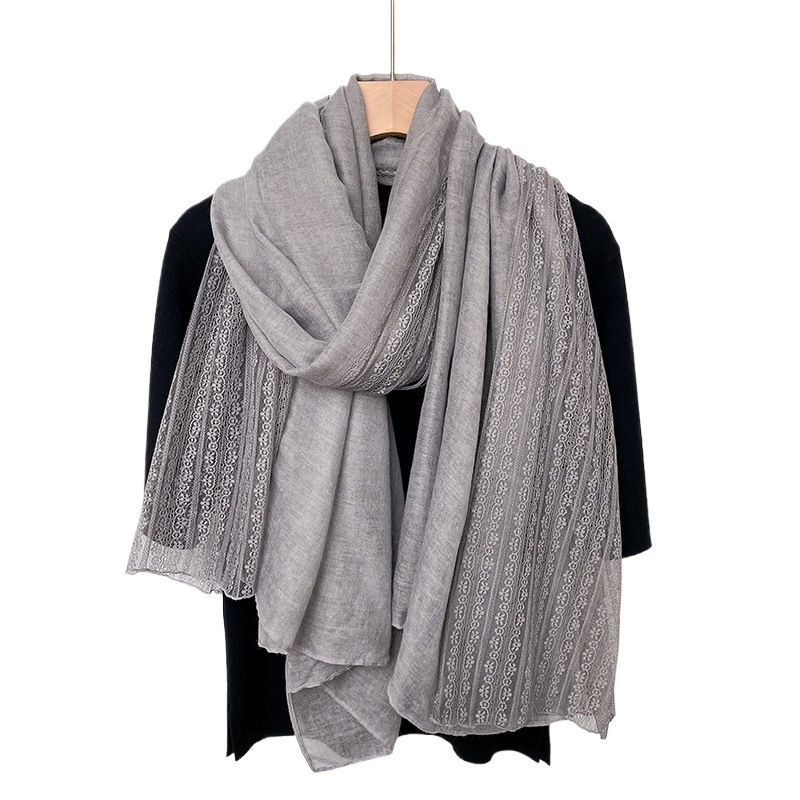 K672 Spring and autumn lace linen long thin scarf Japanese and Korean ladies fashion solid color shawl high-grade cotton and linen scarf
