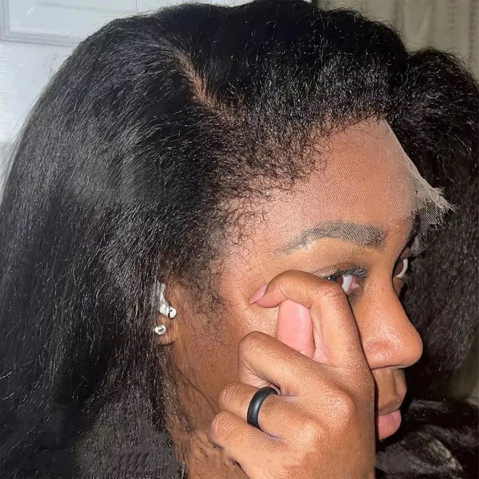 Yaki 2024 Kinky Hair Human 280% Density Straight Pre Plucked For Woman 1B Natural Black Color 13X4 HD Lace Front Wig Hairline Glueless 280%