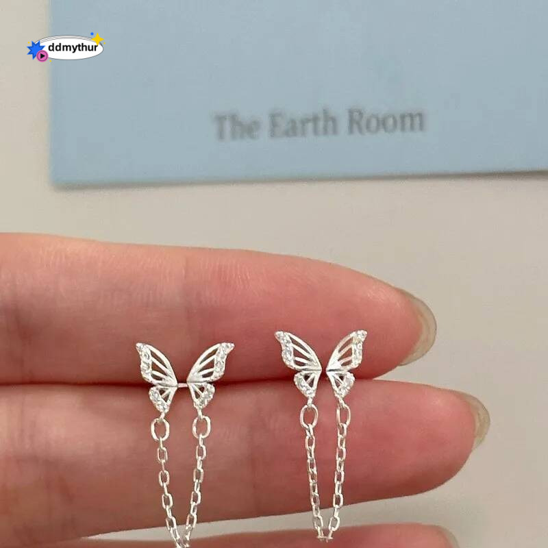 Tiny Sweet Butterfly Stud Earrings for Women Simple Korean Double Ear Hole Tassel Chain Earring Party Jewelry ddmythur