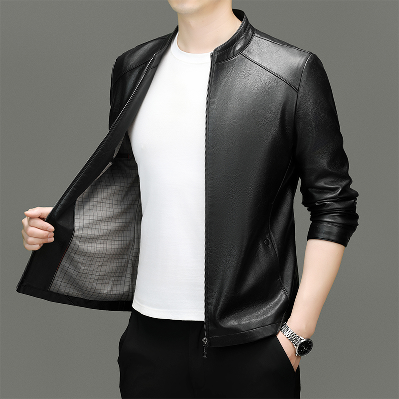 Waterproof Leather Business Jacket for Men - Stand-Up Collar & Easy-Clean Fabric 8555