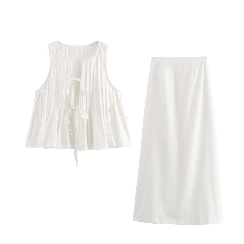 2025 Summer Cotton Linen Women Long Dress Suit White Sleeveless Top Elegant Skirt Set Female New Holiday Beach Clothes Vestidos Designer