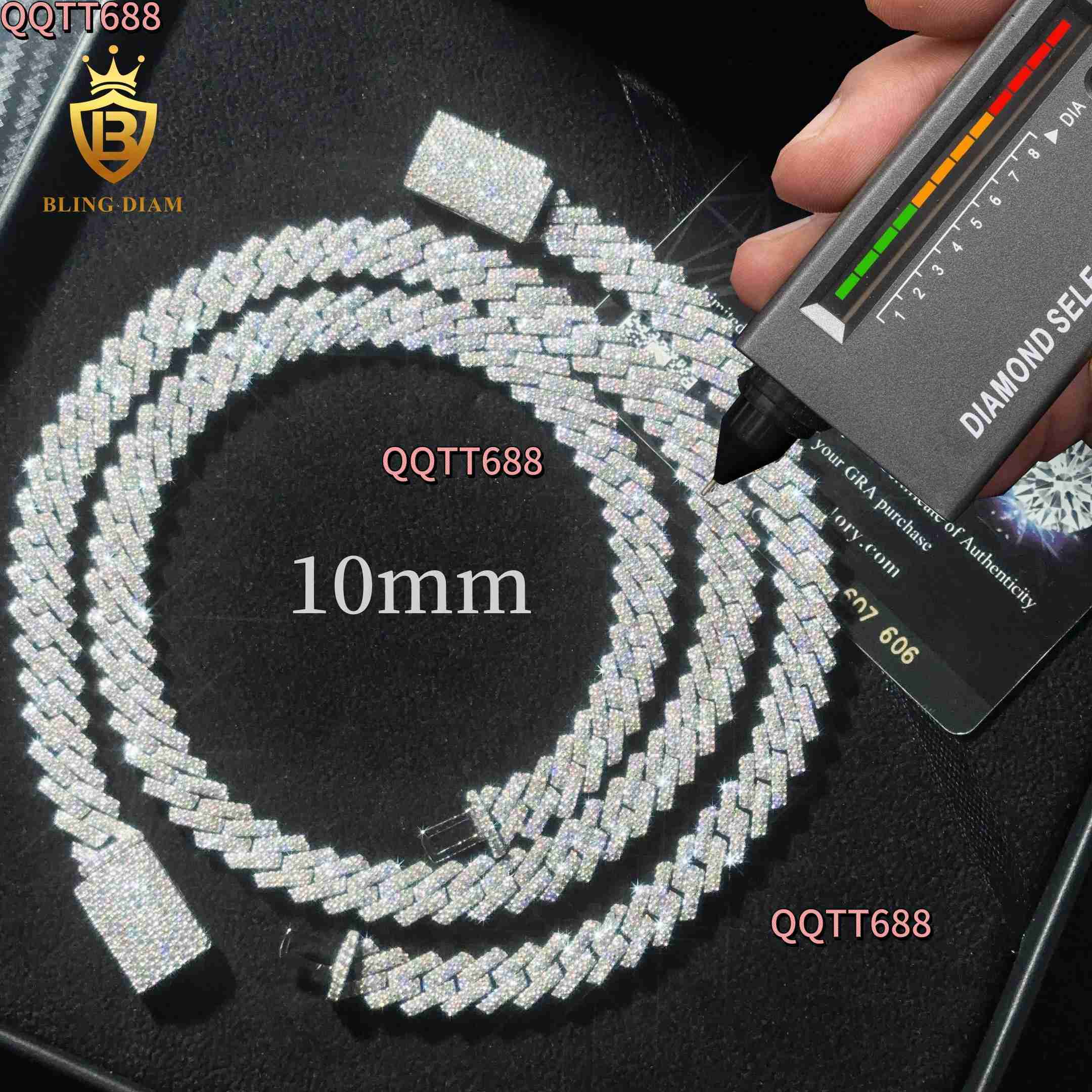 Fashion Rapper Jewelry 10mm Cuban Link Chain 925 Silver Hip Hop Chain Moissanite Diamond Iced out Cuban Link Necklace for Men