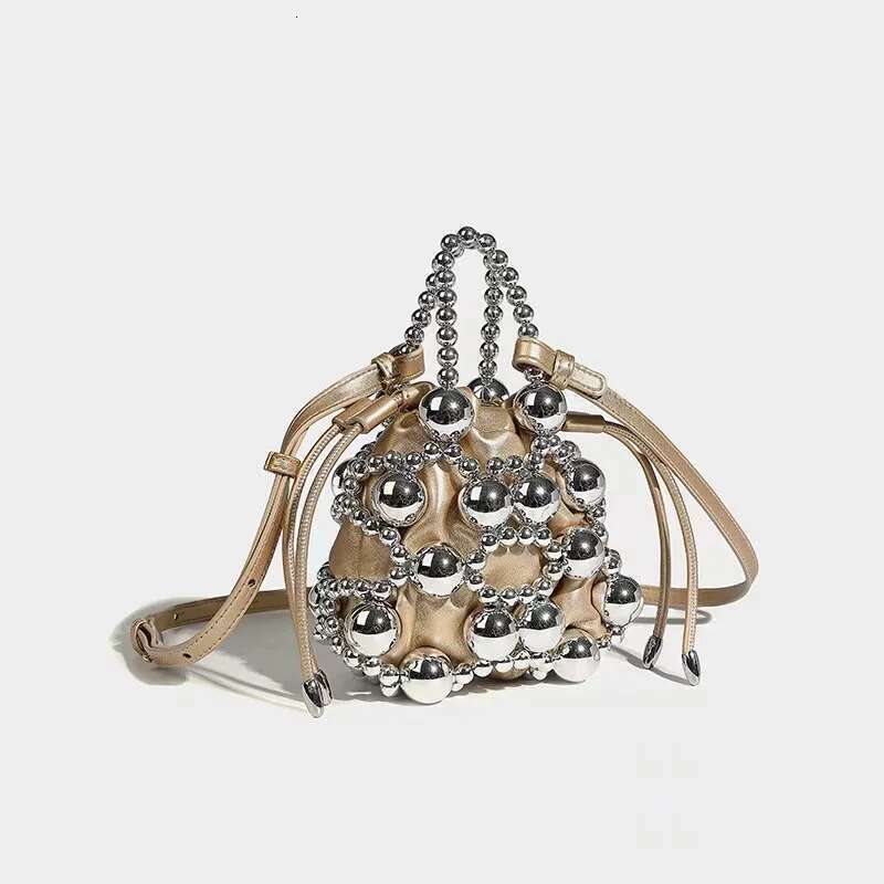 High Quality Sier Beads Beading Woven Handmade Bucket Fashion Women's Handbag Lady Purse Shoulder Messenger Casual Bag