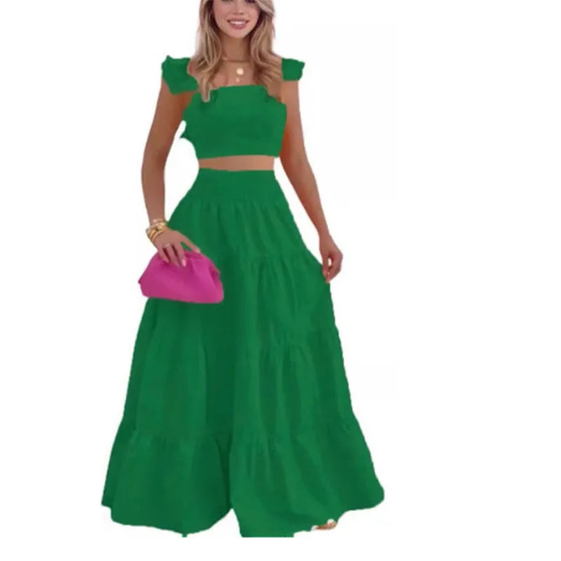 Dress Set Two piece womens clothing set solid color sexy hanging large swing short sleeved square neckline top summer 250430Z