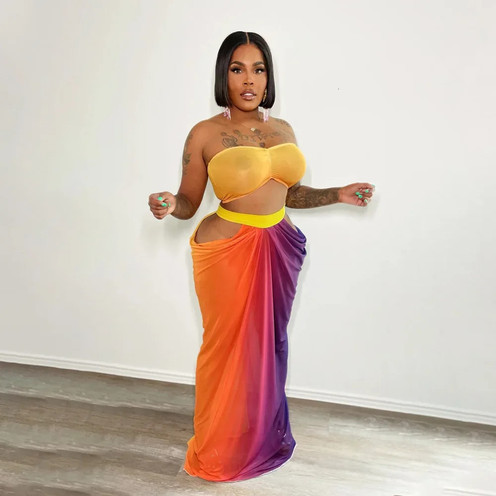 Womens 2piece fashionable and sexy sleeveless printed tube backless top tight pleated Bandeau long suit 250430Z