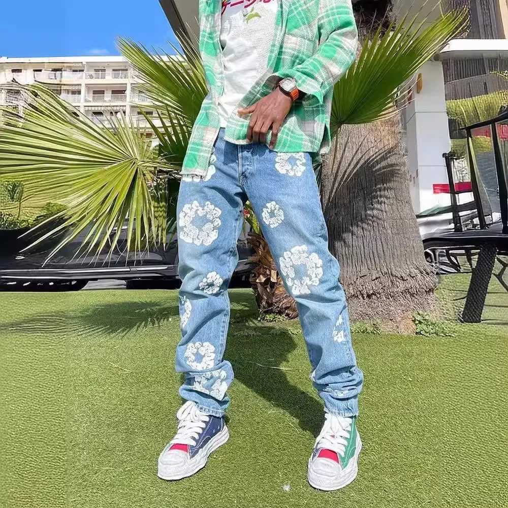 Mens Jeans Denim Pants Fall Winter Casual Aesthetic Flower Print Jeans Baggy Pants Trousers High Waist Fashion Womens Jean Pants W250510
