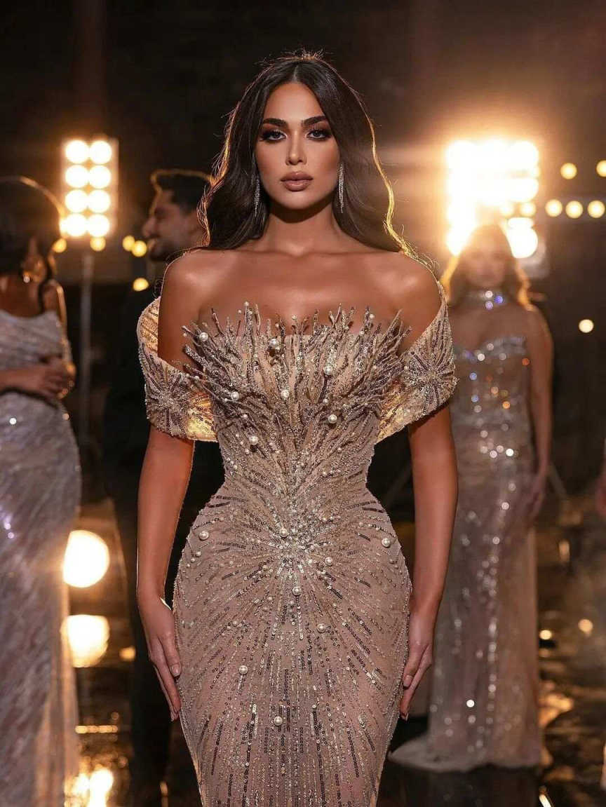 Sparkly Pearls Mermaid Evening Dress Off Shoulder Sequins Appliques Prom Gowns Sleeveless Sheath Party Dresses Customized